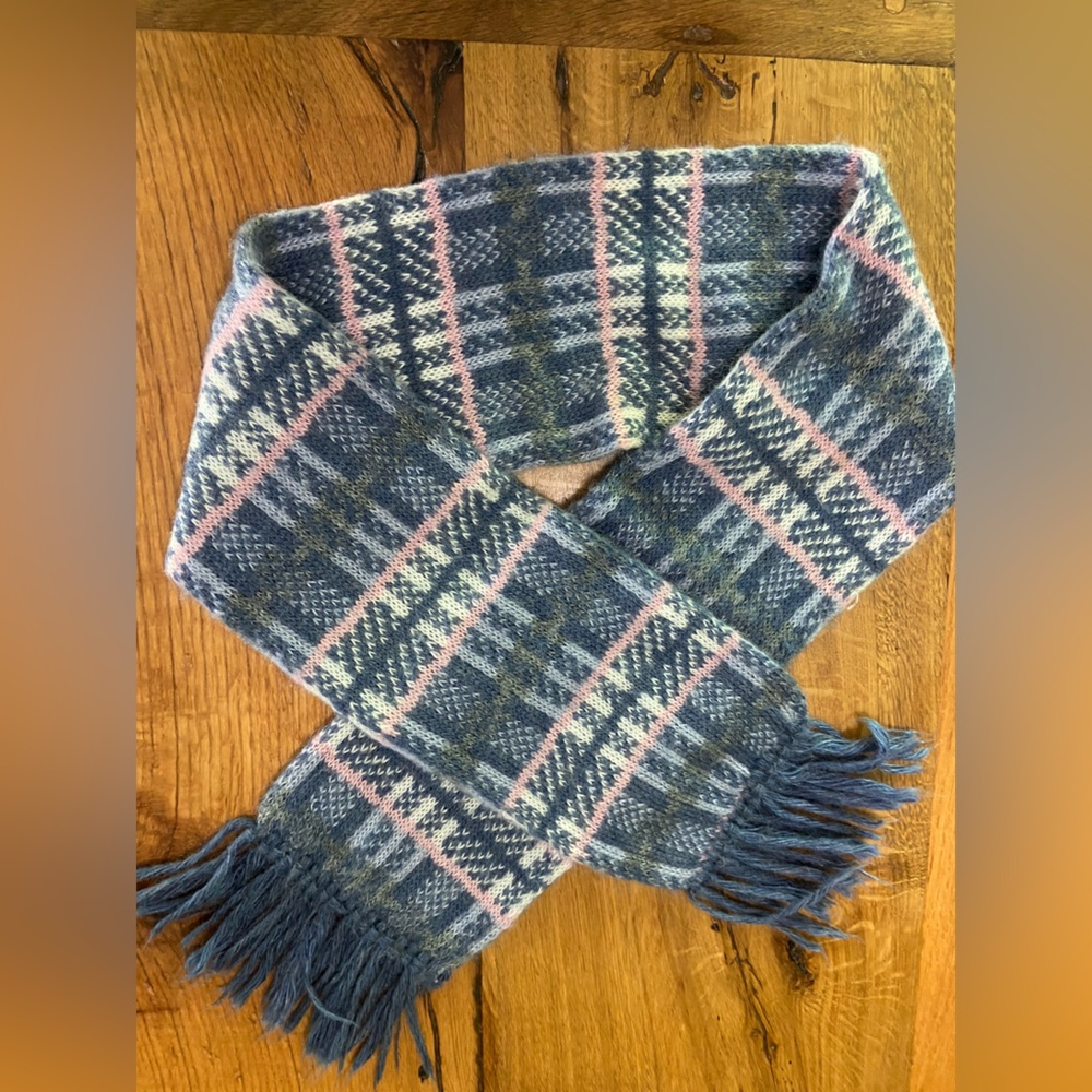 Aris Plaid Fringe Scarf in Blue, White & Pink, Approximately 62” Long W/ Fringe